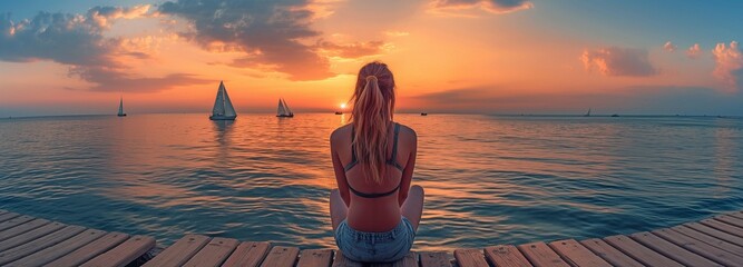 A woman sitting on a wooden pier, enjoying the sunset over a placid sea while distant sailboats...