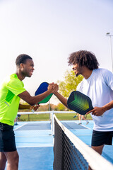 African sportive men shaking hands before playing pickleball - obrazy, fototapety, plakaty
