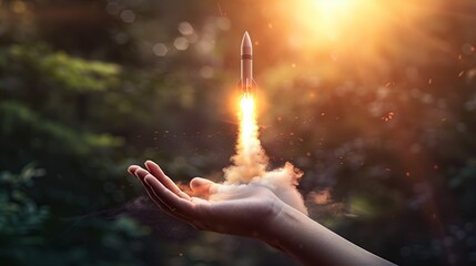 A small rocket flew from his outstretched palm, emitting smoke. - obrazy, fototapety, plakaty