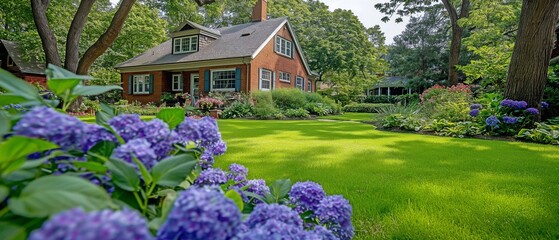 Vibrant purple hydrangea blooms in full bloom in the home's front yard
