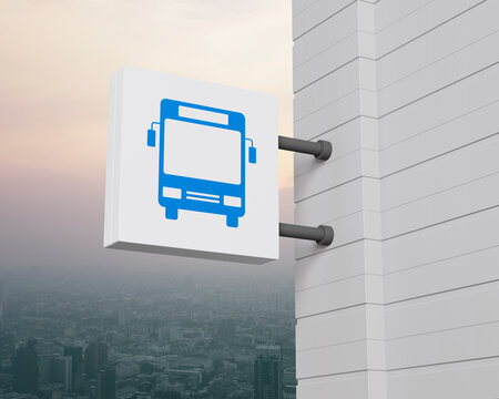 Bus icon on hanging white square signboard over city tower and skyscraper at sunset sky, vintage style, Business transportation service concept, 3D rendering