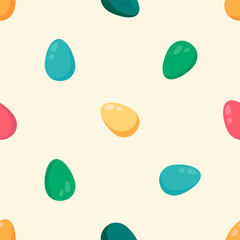 Multicolored eggs on a beige background. Seamless pattern for textile, fabric, paper print. Vector illustration in modern style.