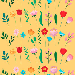 Beautiful spring, summer flowers on a yellow background. Seamless pattern for textile, fabric, paper print. Vector illustration in modern style.