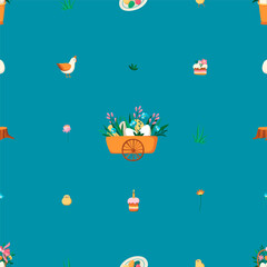 Happy Easter concept, flowers, eggs, chicken, pie. Seamless pattern for textile, fabric, paper print. Vector illustration in modern style.