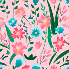Beautiful spring, summer flowers on a pink background. Seamless pattern for textile, fabric, paper print. Vector illustration in modern style.