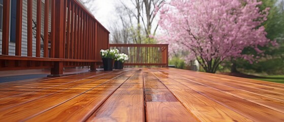 In early spring, refinish the patio of a big home with a walk-out cedar wood deck.