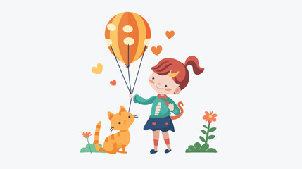 Cute cat girl holding hot air balloon fantasy 