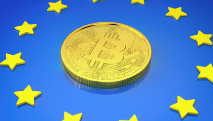 3d rendering of a golden physical Bitcoin on a blue background with yellow stars - symbolizes the flag of Europe. - Digital currency - Cryptocurrency - Abstract background. - 778032246
