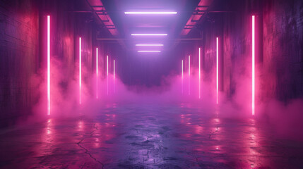 The dark stage shows, purple background, an empty dark scene, neon light, spotlights The asphalt...