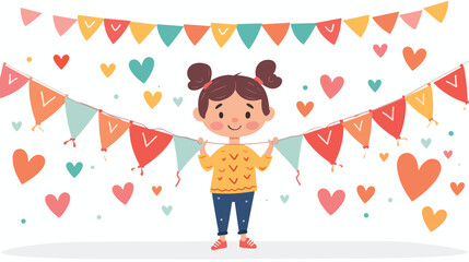 Cute Girl Holding Party Flags in Shape of Hearts 