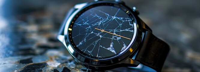 A smart watch that has a cracked screen.