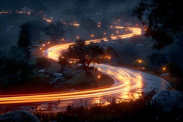 Nighttime Winding Road With Light Trails