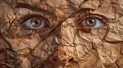 a woman's face made of crumpled brown paper