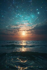 Sunset ocean landscape with sparkles stars .Calm sea water wallpaper. poster