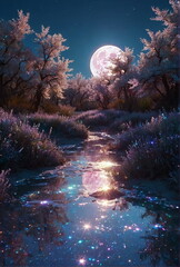 Nigh landscape with trees and full moon. Fantasy wallpaper.