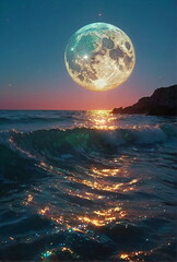 Ocean and night sky with a full moon landscape. Beautiful wallpaper, fantasy planet, nature.