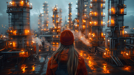Fototapeta premium An engineer stands in front of an oil and gas plant