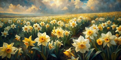 Oil Painting Of Beautiful Daffodils in Field - Spring Floral Artwork, Summer Flower Background