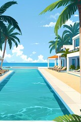 Fototapeta premium リゾート地のビーチ、イラスト背景、ホテル｜Resort beach, illustration background, hotel.