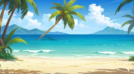 Fototapeta na wymiar リゾート地のビーチ、イラスト背景、ホテル｜Resort beach, illustration background, hotel.