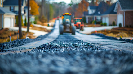Asphalt workers and machinery were working on paving a new road in a developing area