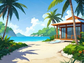 リゾート地のビーチ、イラスト背景、ホテル｜Resort beach, illustration background, hotel.