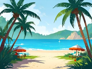 リゾート地のビーチ、イラスト背景、ホテル｜Resort beach, illustration background, hotel.