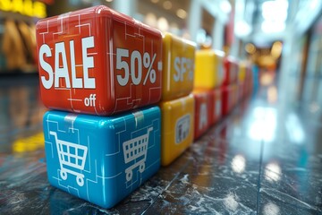 A cubic sale sign offering a 50 off reduction, a substantial discount that is bound to draw in customers.