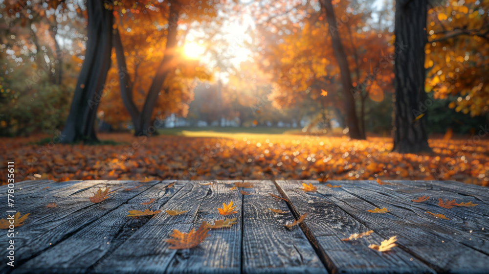Poster the empty wooden table top with blur background of autumn. exuberant image.