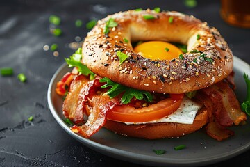 a bagel sandwich with egg and bacon - obrazy, fototapety, plakaty