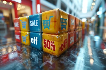 A colorful sale sign in the shopping mall announces a 50 off discount, a saving that shoppers will find hard to resist.