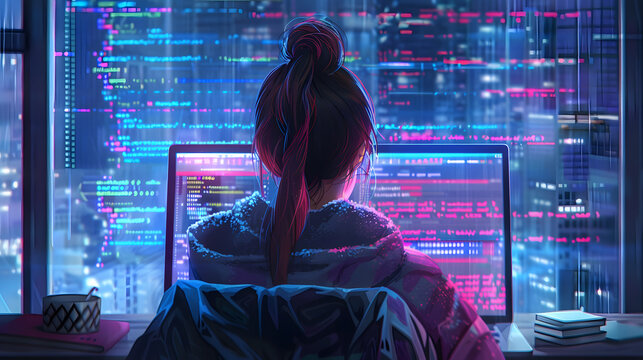 Cartoon: Young student woman sitting in front of her MacBook studying a html page in visual studio code. photo from behind