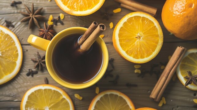yellow cup of tea with lemons and oranges and spices, cinnamon, anise on the wooden table. 