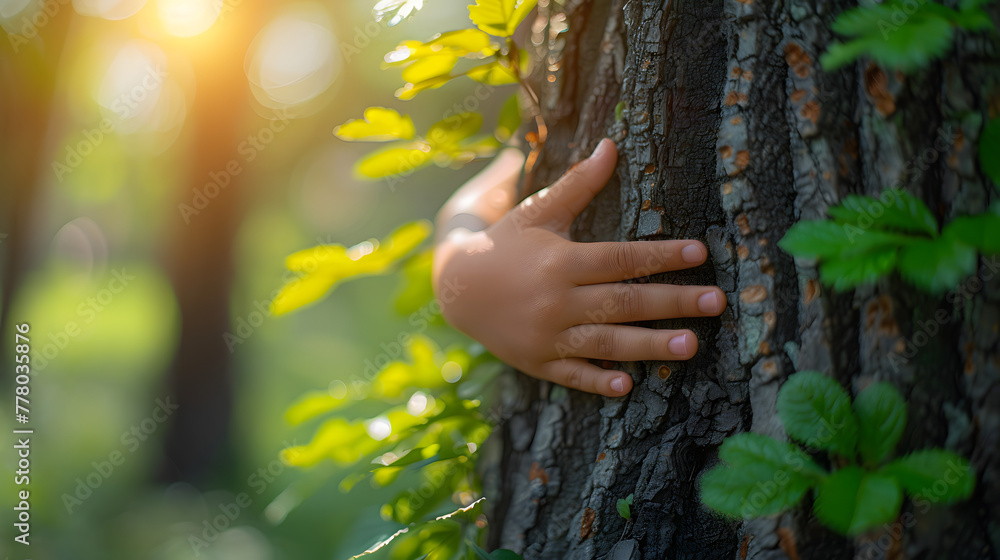 Poster closeup of hands hugging a tree trunk in a green forest
