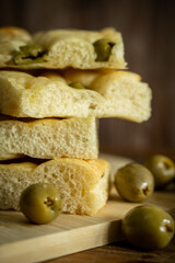 focaccia pizza Italian bread with green olive oil 