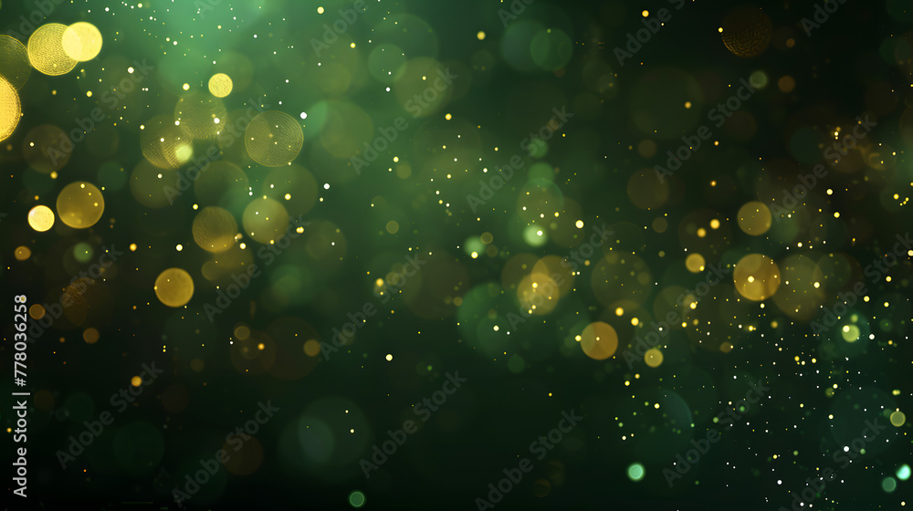 Poster dark green and gold abstract background with bokeh lights and sparkles