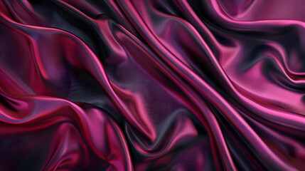 Elegant dark pink silk satin fabric with intricate folds and curves draped on a luxurious background - obrazy, fototapety, plakaty