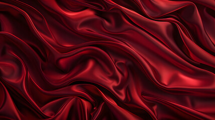 Elegant dark red silk satin fabric with intricate folds and curves draped on a luxurious background - obrazy, fototapety, plakaty