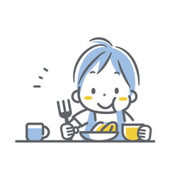 楽しく食事をする子供　女の子　シンプルでお洒落な線画イラスト