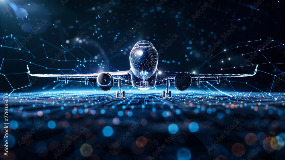 Poster an artistic and imaginative 3d illustration featuring an airplane gracefully flying above a complex 