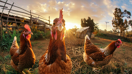 A group of chickens stands on a dry grass field, pecking and scratching the ground - Powered by Adobe