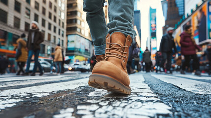A man with boots walking down a busy city street surrounded by tall buildings and traffic