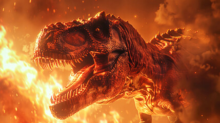 A massive dinosaur standing near flames in prehistoric times