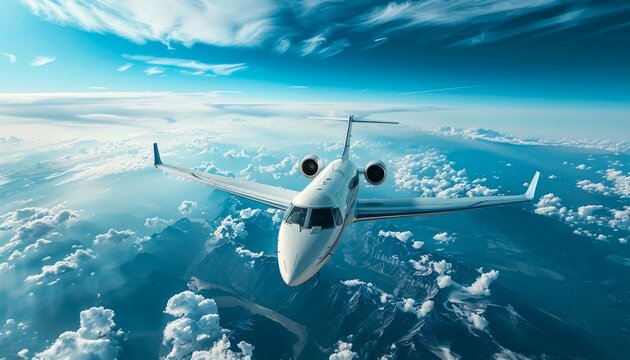 Private Jet Soaring Above the Earth with Cloudy Skies. Generative ai