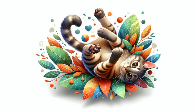 3d flat icon as Tabby Tumble A tabby cat playfully tumbling among watercolor leaves. in watercolor pet theme theme with isolated white background ,Full depth of field, high quality ,include copy space