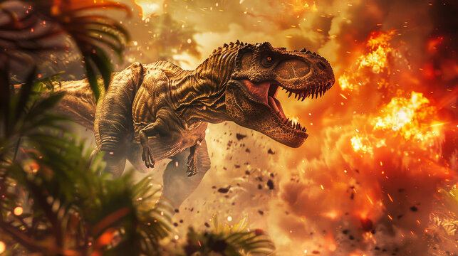 A dinosaur surrounded by flames in a fiery scene, illustrating the catastrophic event known as the Death of the Dinosaurs