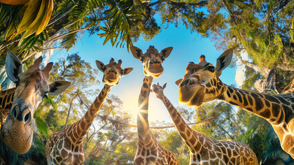 A group of graceful giraffes standing together in the wild, showcasing their long necks and...