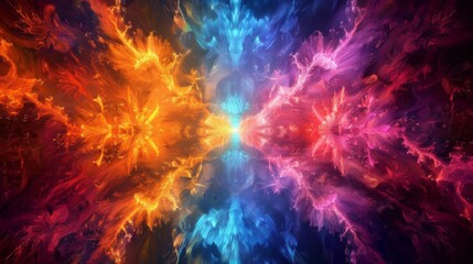 Radiant beams of light converging at a focal point and spreading outwards in a kaleidoscope of color and form - obrazy, fototapety, plakaty
