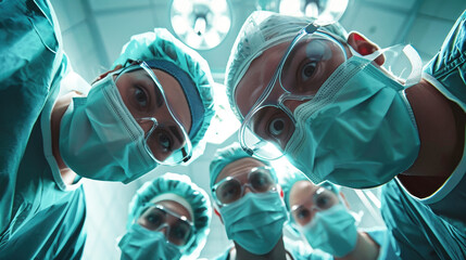 A group of funny and cheerful doctors standing in a circle, sharing smiles and camaraderie in their surgical gear - obrazy, fototapety, plakaty