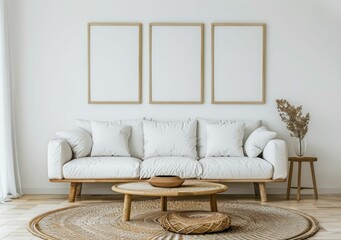 Modern Living Room Interior with White Sofa and Wooden Coffee Table. Generative ai